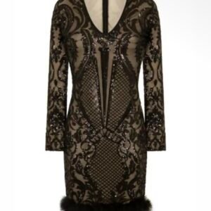 Valentina Black Luxe Valentina Black Luxe Brocade Sequin Plunge Feather Dress